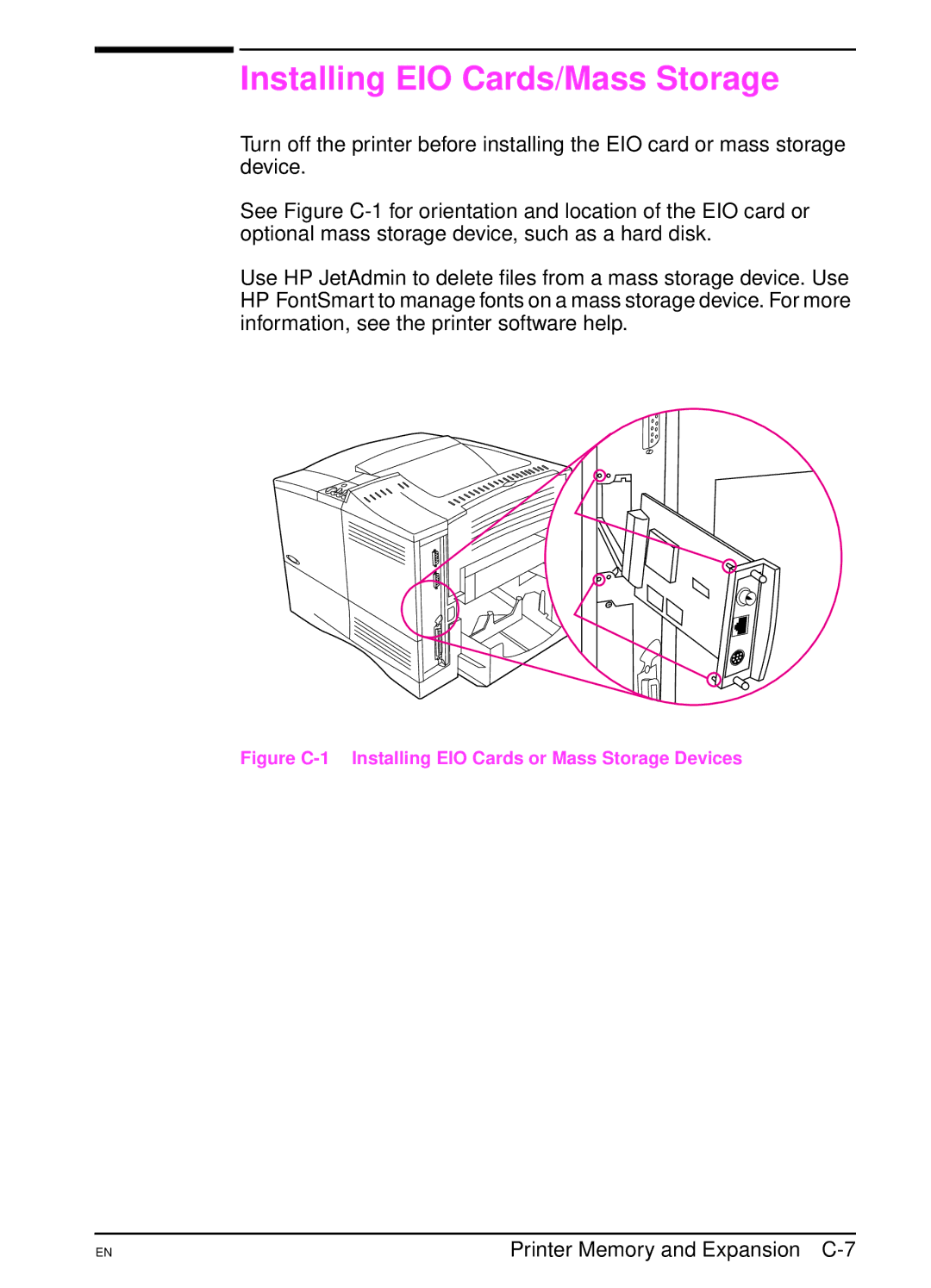 HP 4000TN, 4000N manual Installing EIO Cards/Mass Storage, Printer Memory and Expansion C-7 