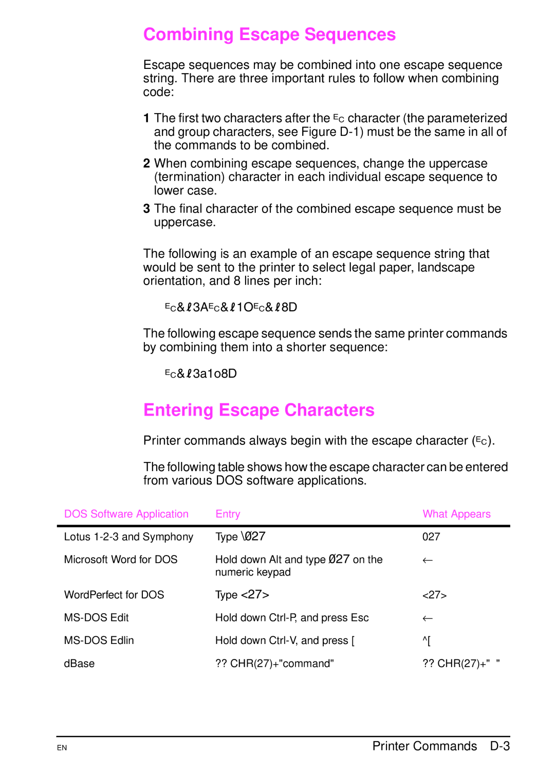 HP 4000TN, 4000N Combining Escape Sequences, Entering Escape Characters, ?&l3A?&l1O?&l8D, ?&l3a1o8D, Printer Commands D-3 