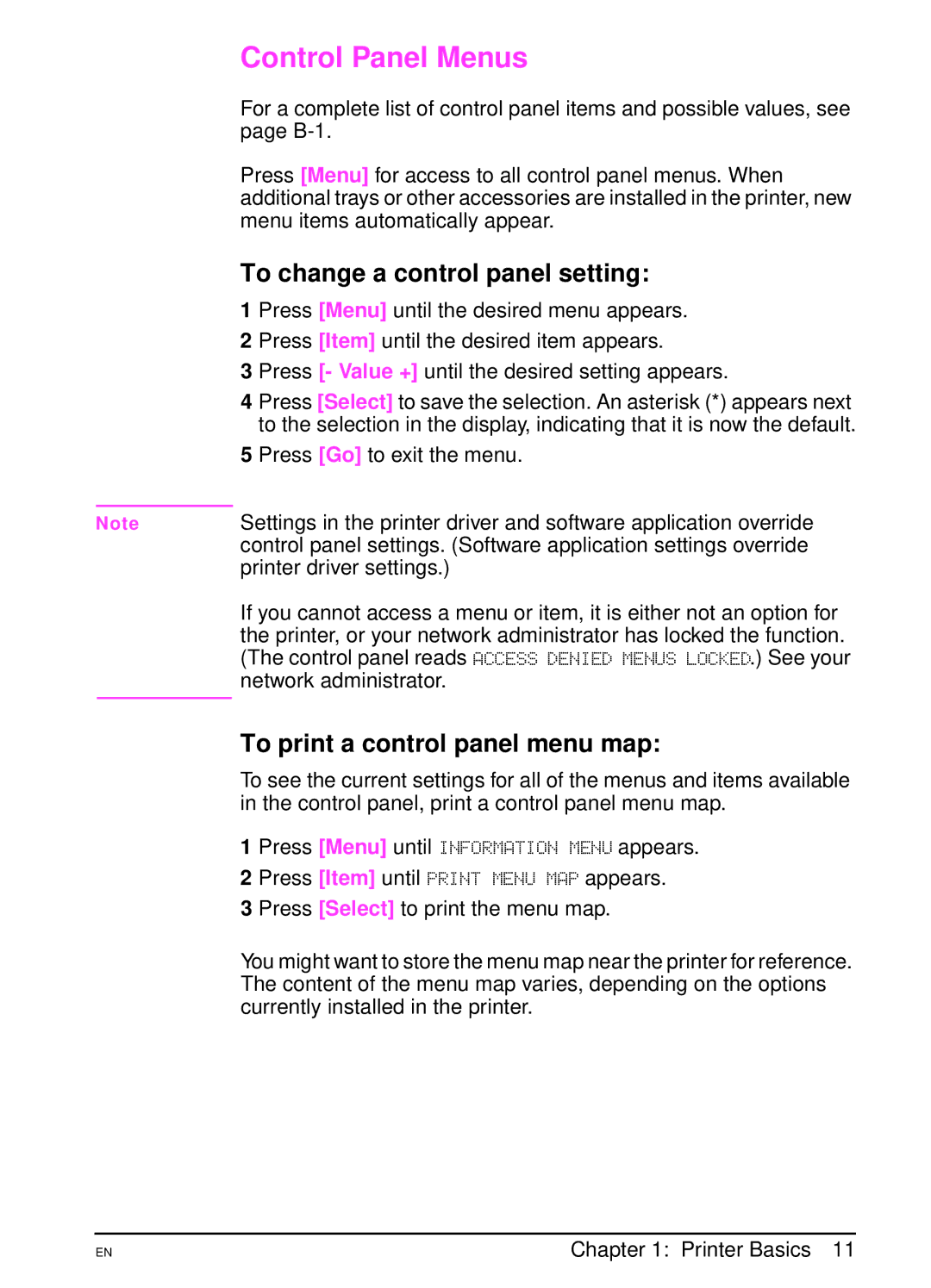 HP 4000TN Control Panel Menus, To change a control panel setting, To print a control panel menu map, Network administrator 