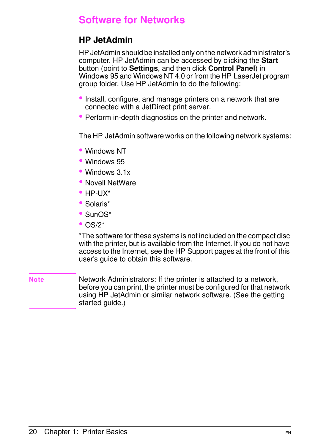 HP 4000N, 4000TN manual Software for Networks, HP JetAdmin, Solaris SunOS OS/2, User’s guide to obtain this software 