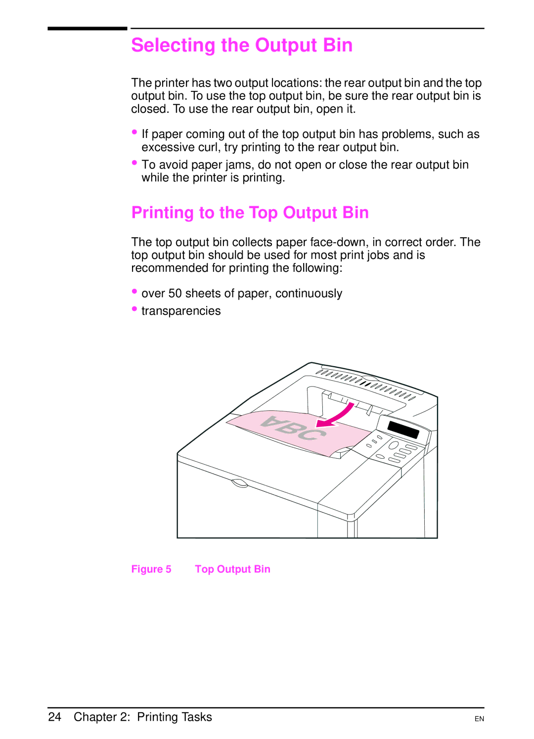 HP 4000N, 4000TN manual Selecting the Output Bin, Printing to the Top Output Bin 