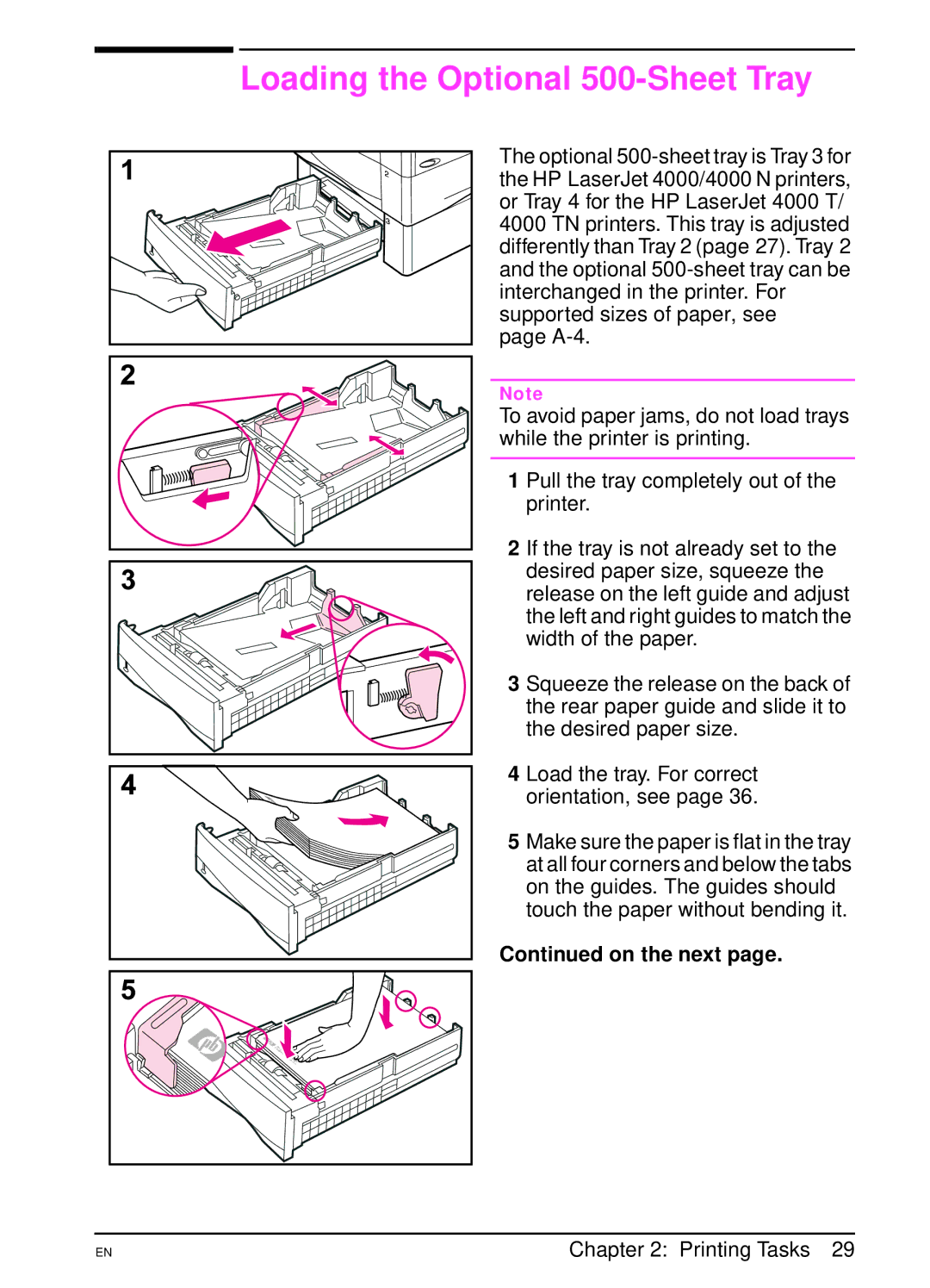 HP 4000TN, 4000N manual Loading the Optional 500-Sheet Tray, On the next 