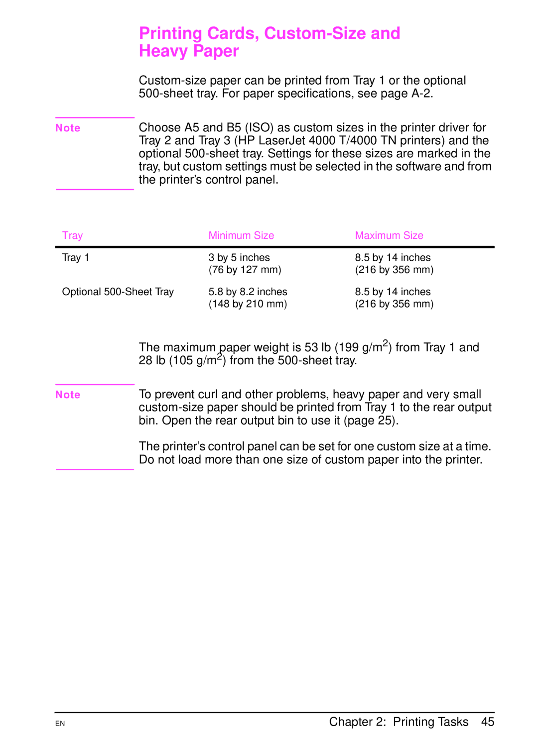 HP 4000TN, 4000N manual Printing Cards, Custom-Size, Heavy Paper 