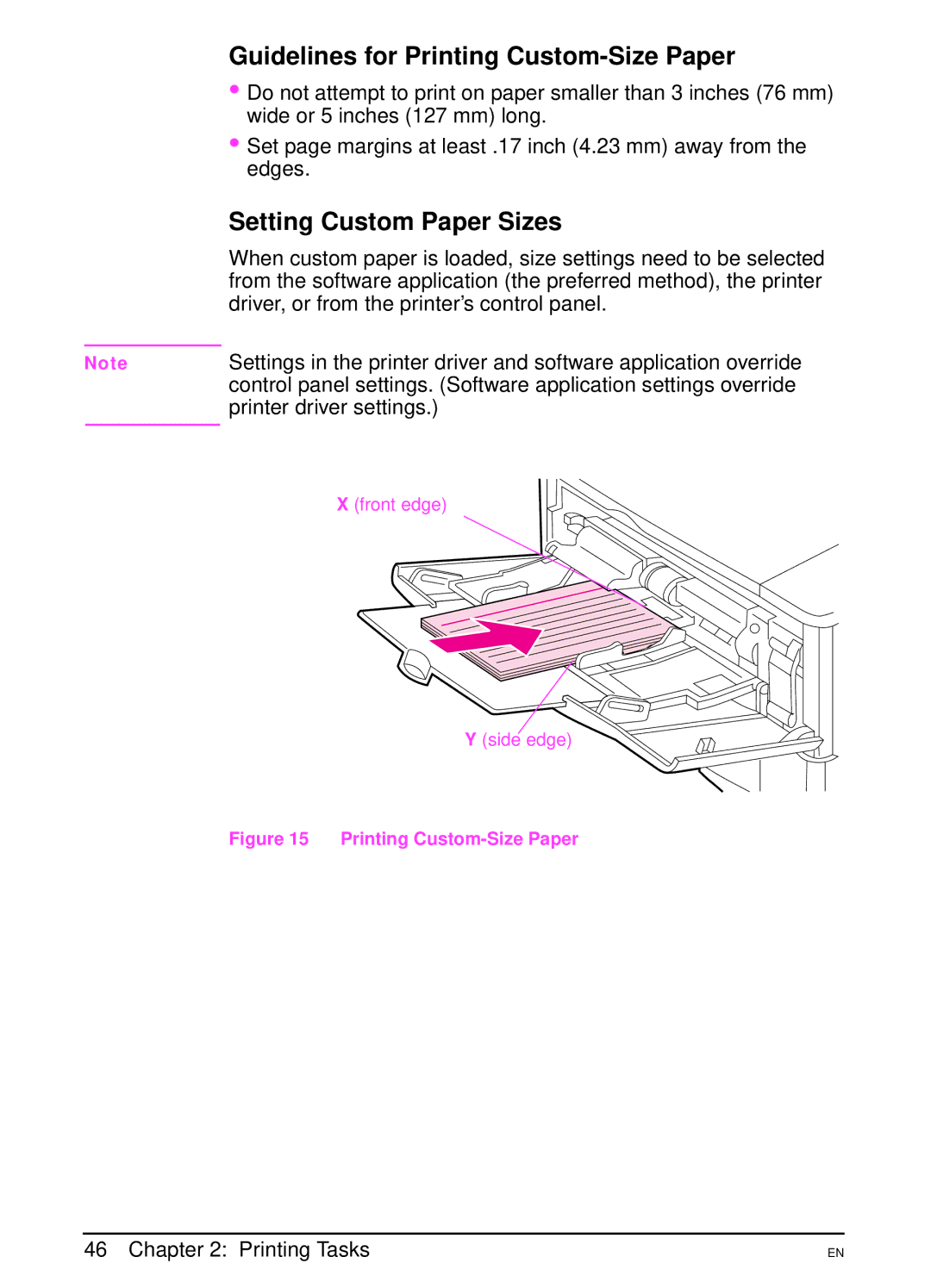 HP 4000N, 4000TN manual Guidelines for Printing Custom-Size Paper, Setting Custom Paper Sizes, Front edge Side edge 