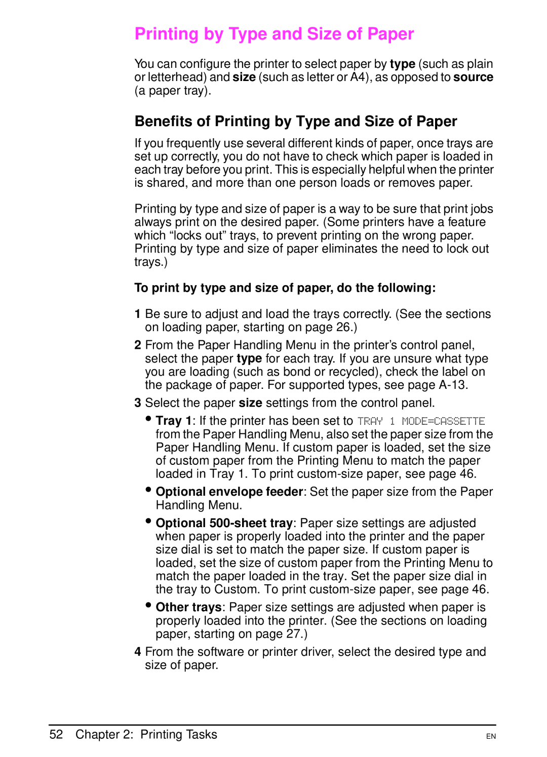 HP 4000N, 4000TN Benefits of Printing by Type and Size of Paper, To print by type and size of paper, do the following 