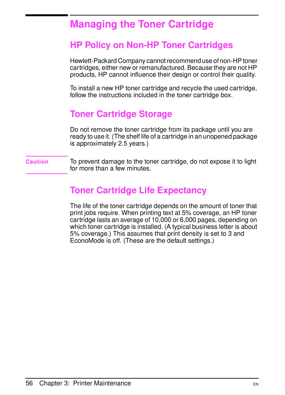 HP 4000N, 4000TN manual Managing the Toner Cartridge, HP Policy on Non-HP Toner Cartridges, Toner Cartridge Storage 