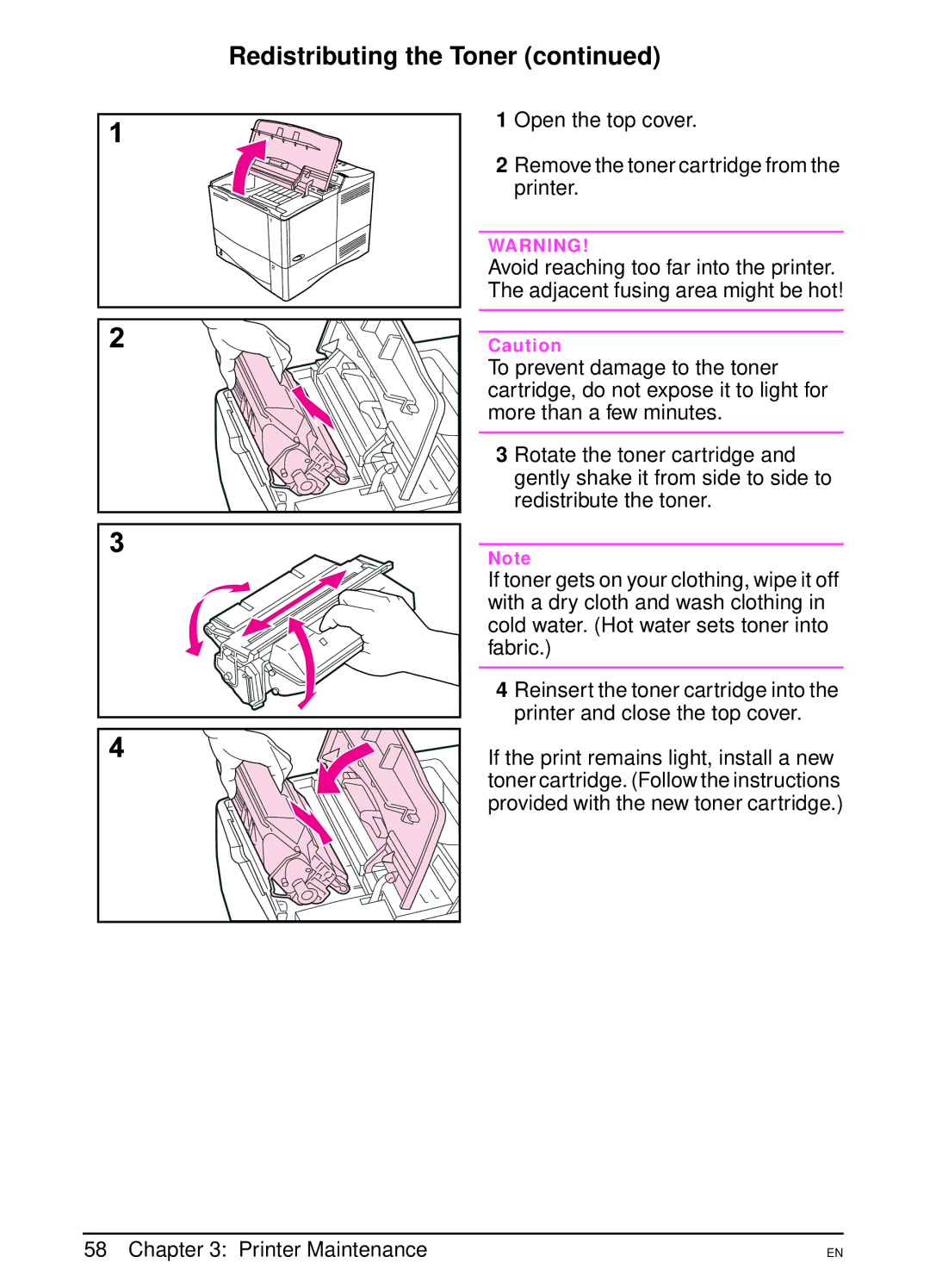 HP 4000N, 4000TN manual Redistributing the Toner 