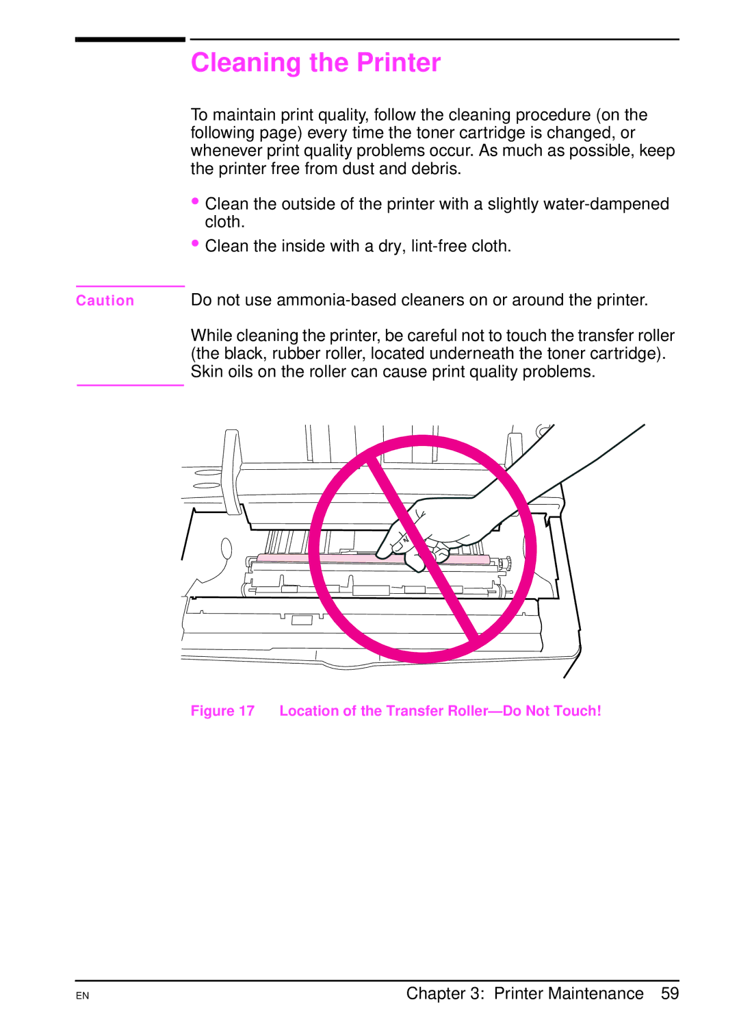 HP 4000TN, 4000N manual Cleaning the Printer, Location of the Transfer Roller-Do Not Touch 