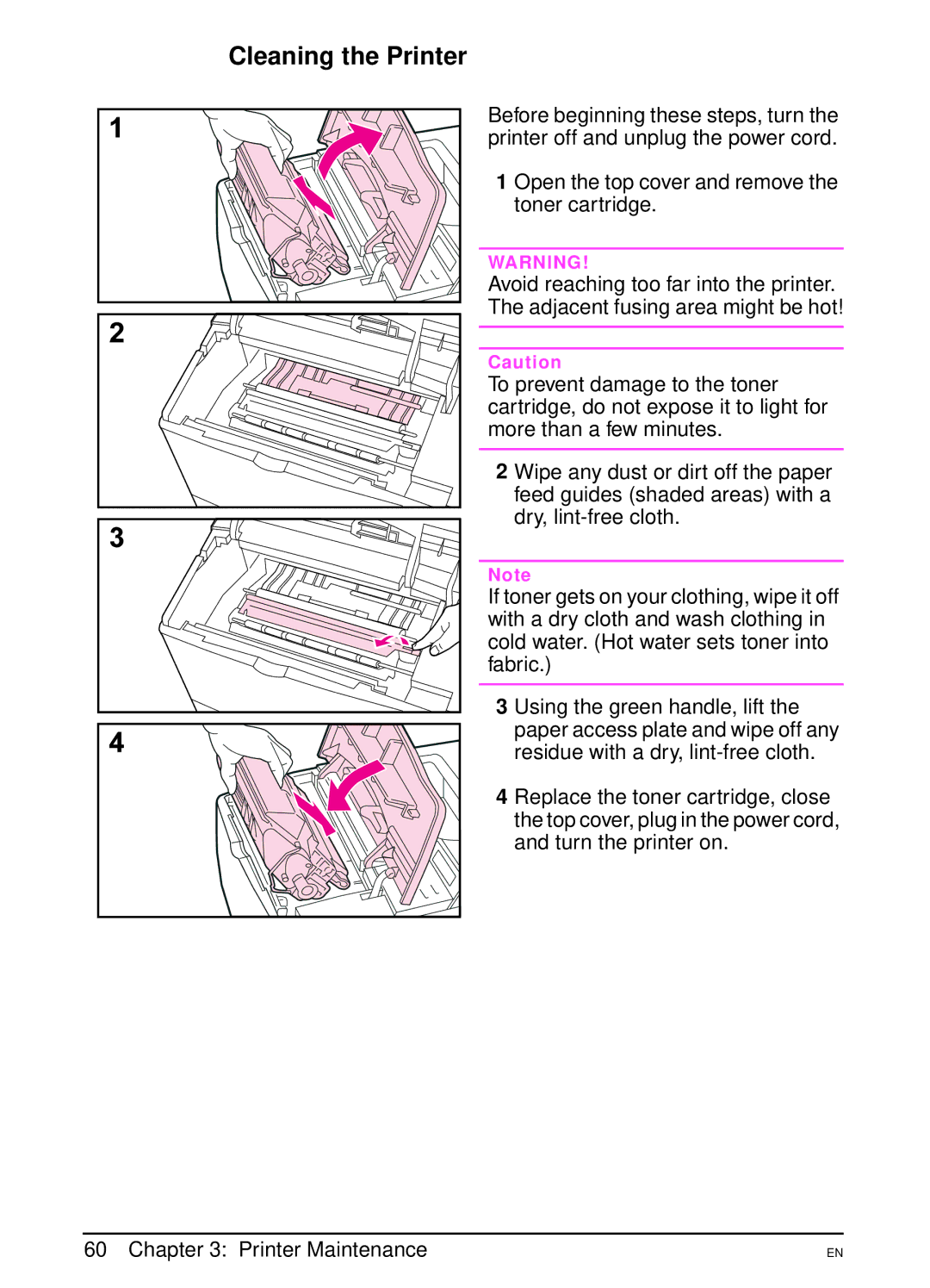 HP 4000N, 4000TN manual Cleaning the Printer 