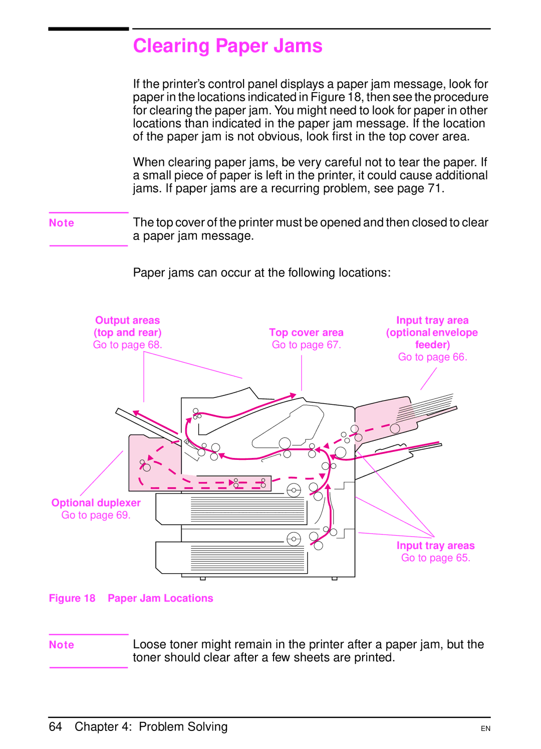 HP 4000N, 4000TN manual Clearing Paper Jams, Paper jam message, Paper jams can occur at the following locations, Go to 