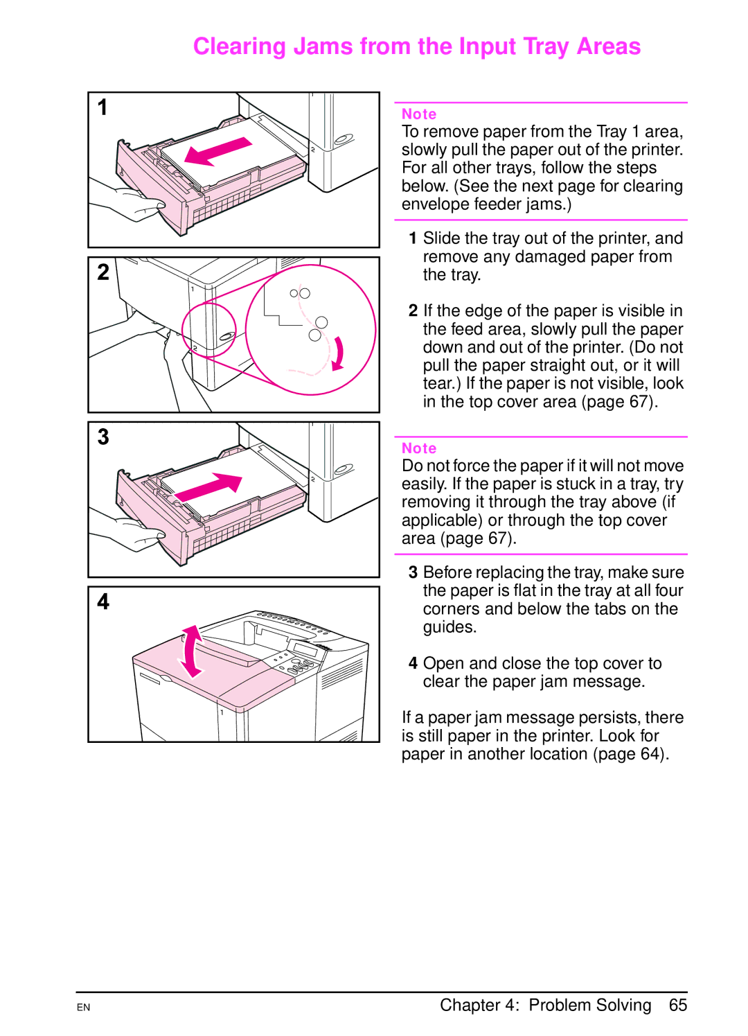 HP 4000TN, 4000N manual Clearing Jams from the Input Tray Areas 