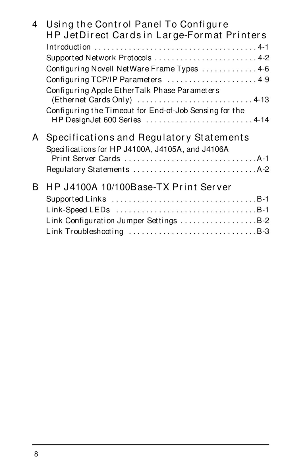 HP 400N manual Specifications and Regulatory Statements, HP J4100A 10/100Base-TX Print Server 