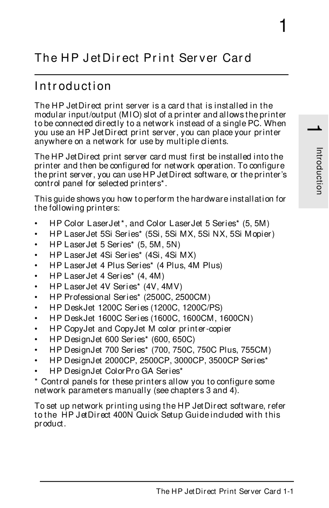 HP 400N manual HP JetDirect Print Server Card Introduction 