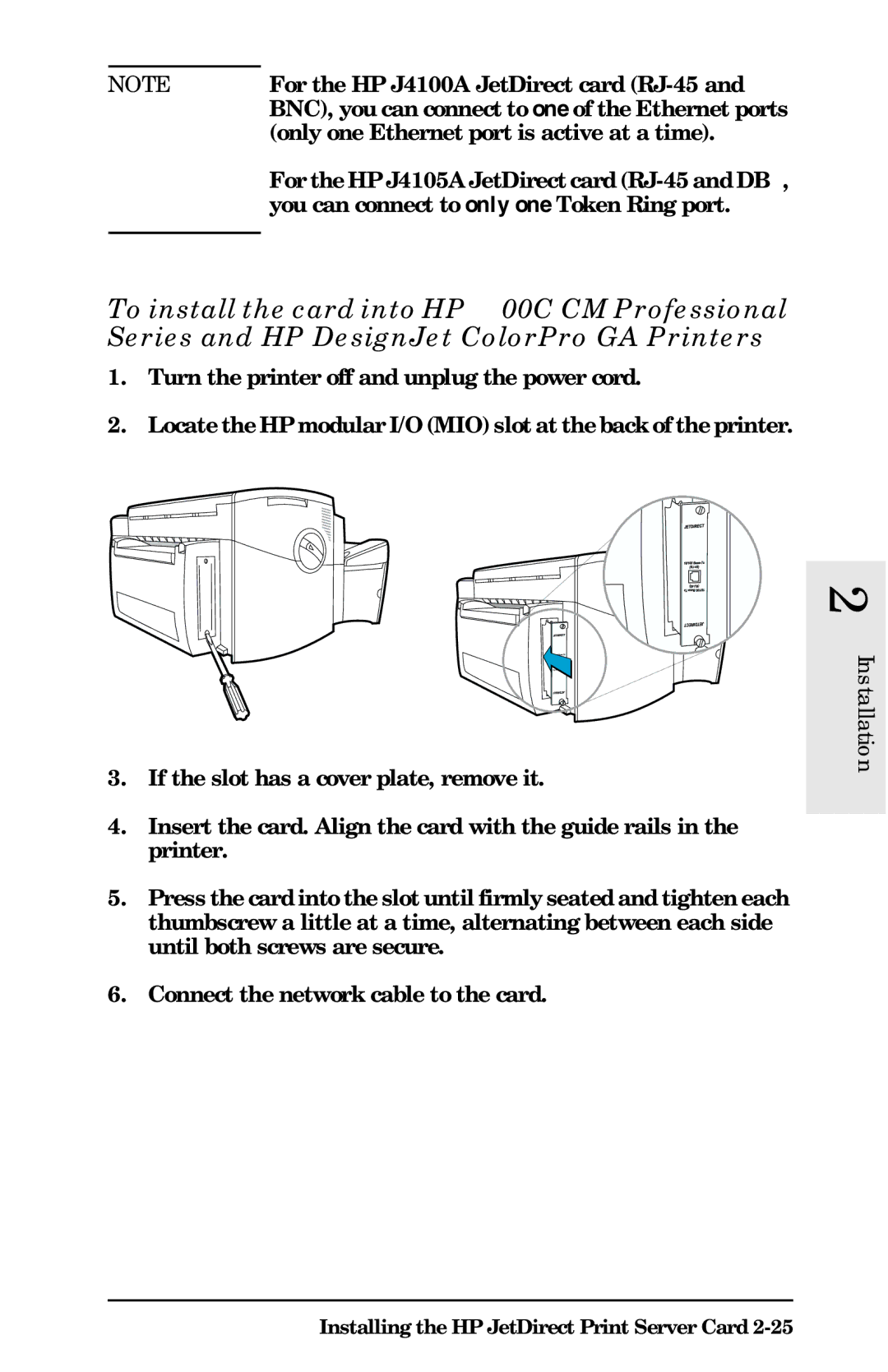 HP 400N manual For the HP J4100A JetDirect card RJ-45 