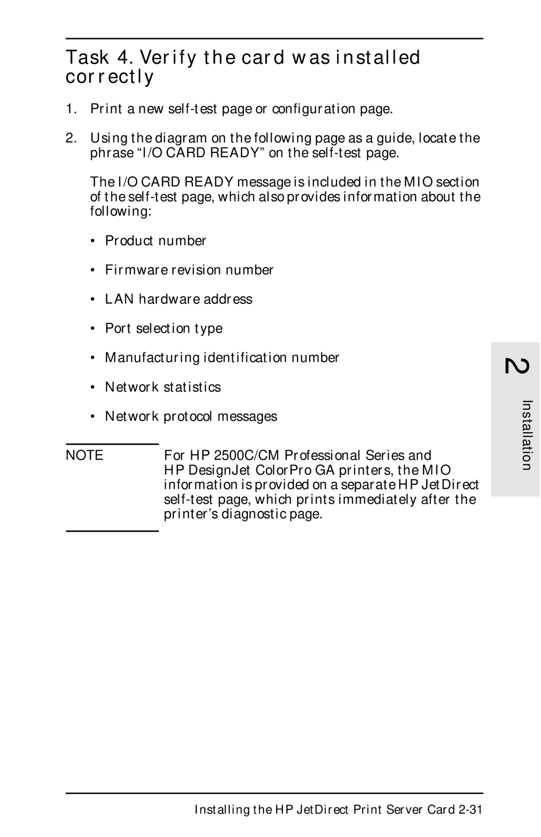 HP 400N manual Task 4. Verify the card was installed correctly 