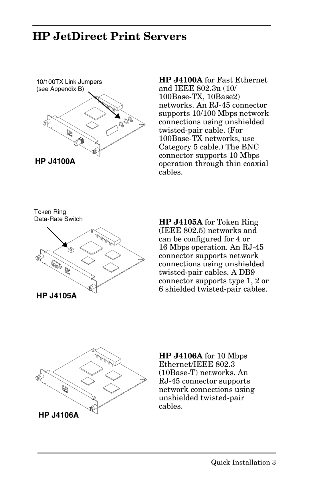 HP 400N manual HP JetDirect Print Servers, HP J4105A HP J4106A 