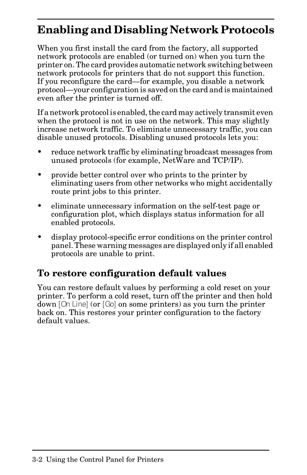 HP 400N manual Enabling and Disabling Network Protocols, To restore configuration default values 