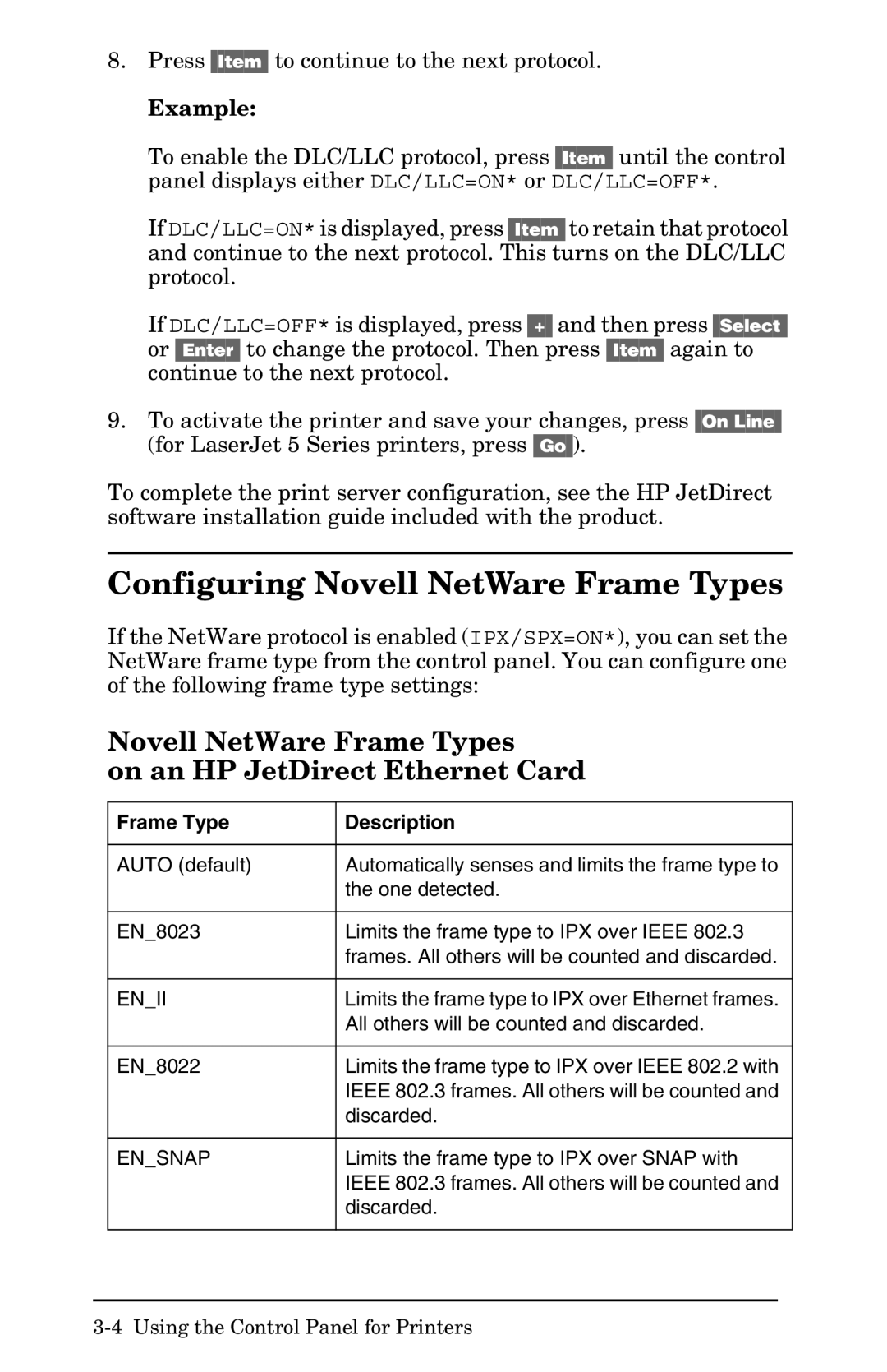 HP 400N manual Configuring Novell NetWare Frame Types, Novell NetWare Frame Types On an HP JetDirect Ethernet Card 