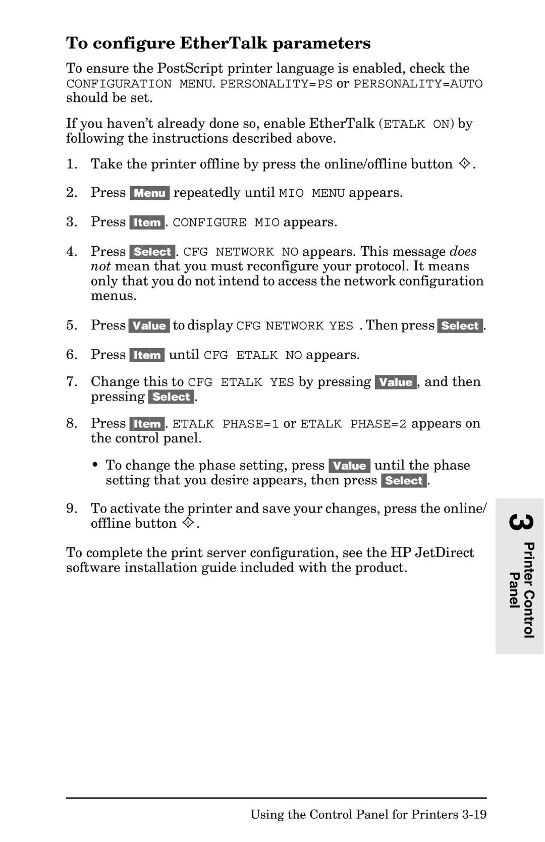 HP 400N manual To configure EtherTalk parameters 