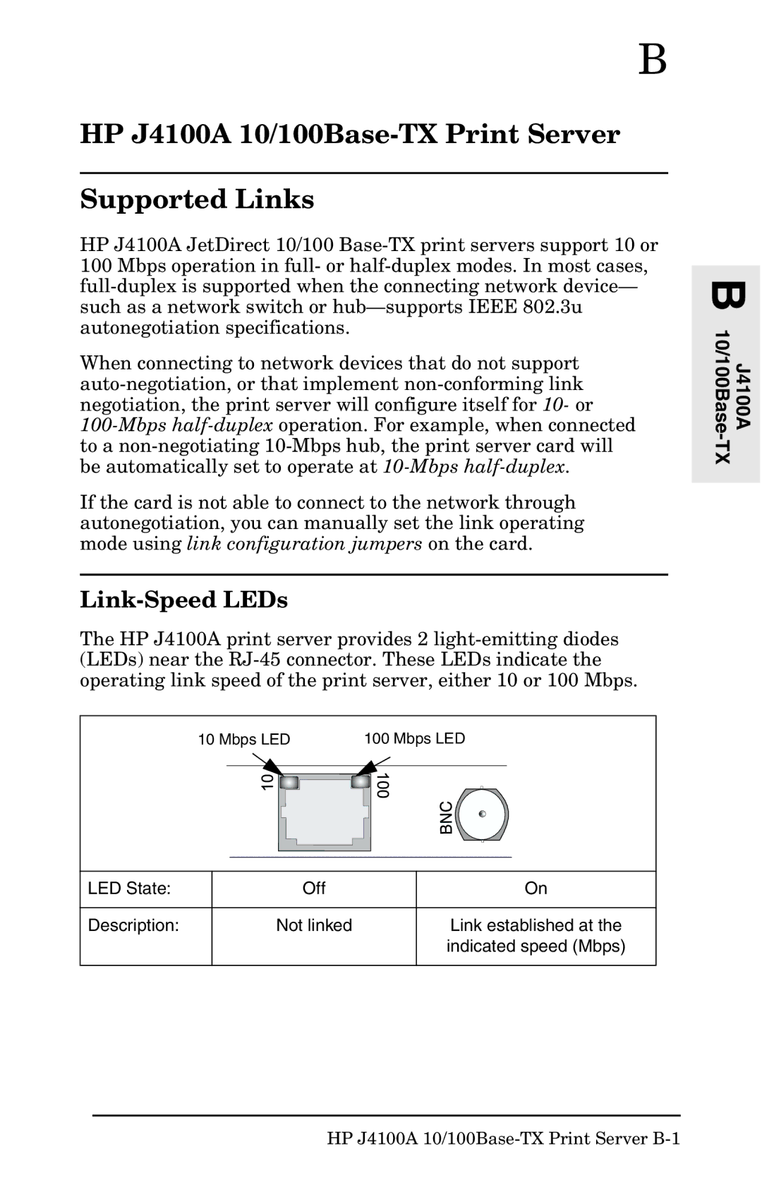 HP 400N manual HP J4100A 10/100Base-TX Print Server Supported Links, Link-Speed LEDs 