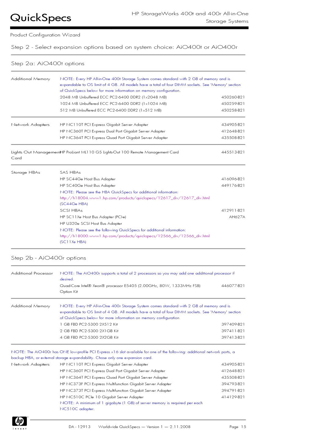 HP 400t manual AiO400r options, SC44Ge HBA, Desired, NC510C adapter 