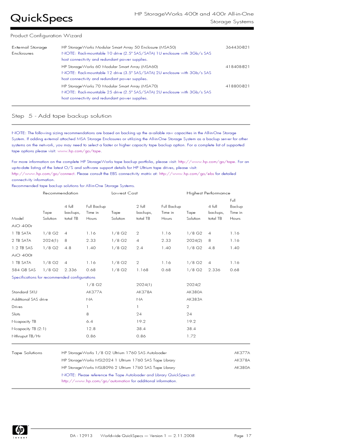 HP 400t manual Add tape backup solution, Specifications for recommended configurations 