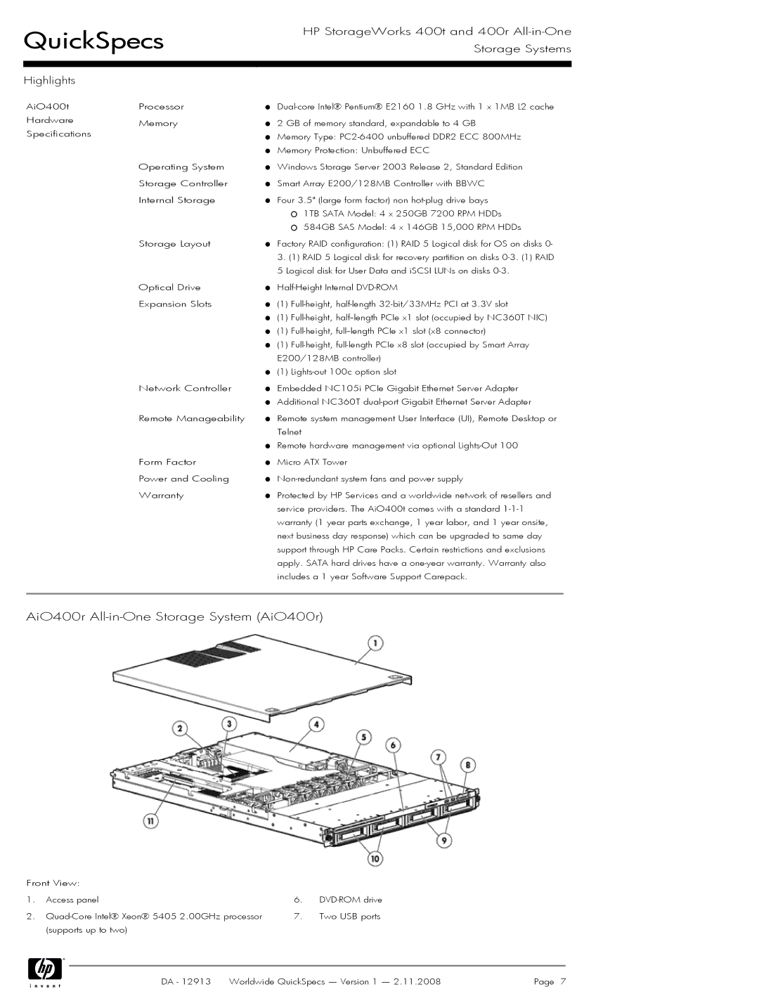 HP 400t manual AiO400r All-in-One Storage System AiO400r 