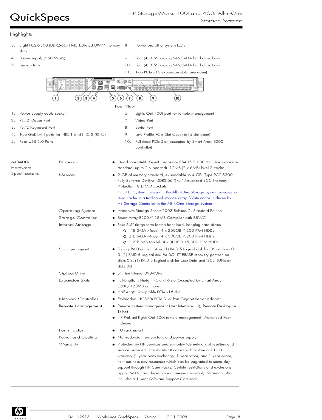 HP 400t manual Storage Controller in the All-in-One Storage System 