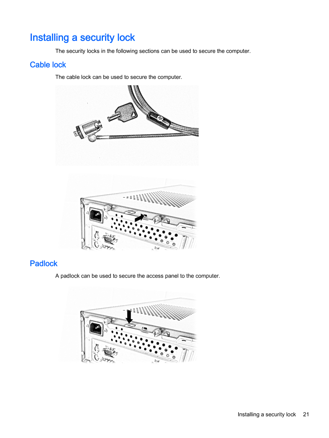 HP 402 G1 manual Installing a security lock, Cable lock, Padlock 