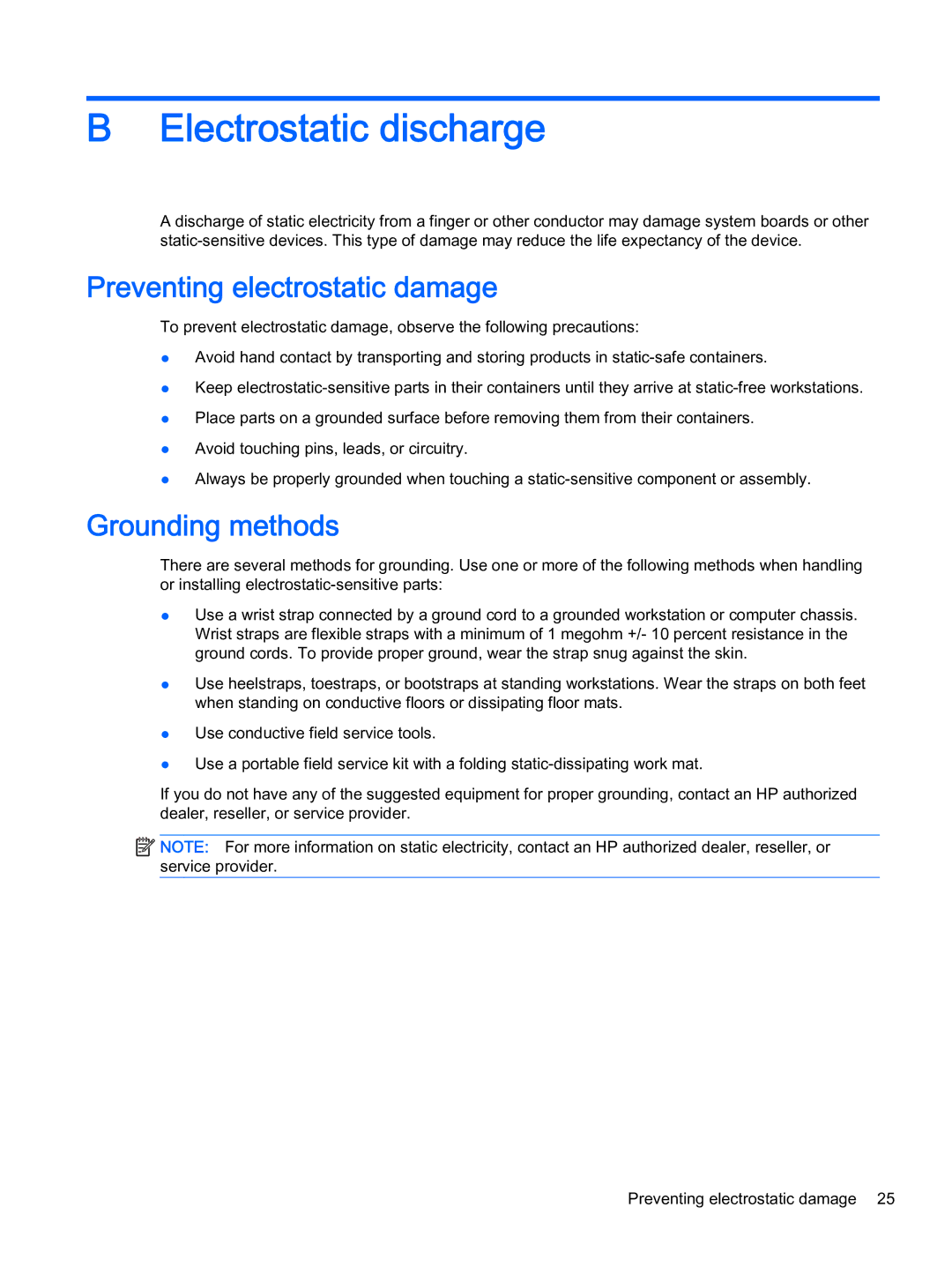 HP 402 G1 manual Electrostatic discharge, Preventing electrostatic damage, Grounding methods 