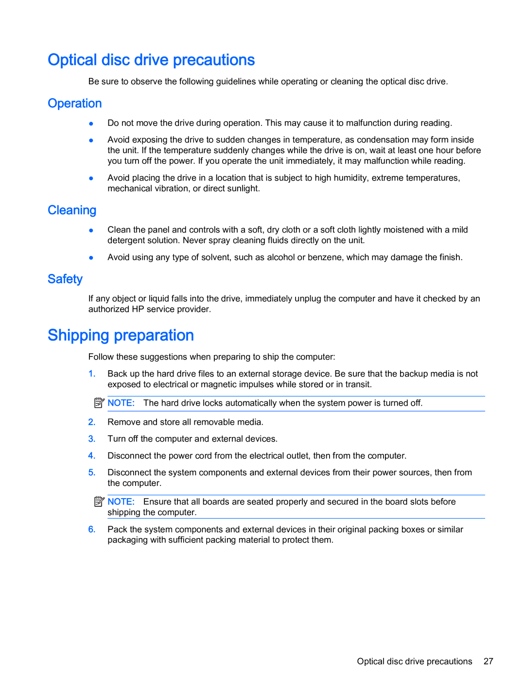 HP 402 G1 manual Optical disc drive precautions, Shipping preparation, Operation, Cleaning, Safety 