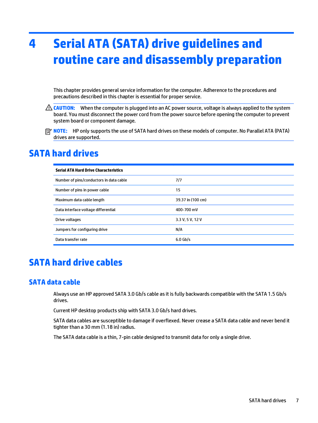 HP 402 G1 manual Sata hard drives, Sata hard drive cables, Sata data cable, Serial ATA Hard Drive Characteristics 