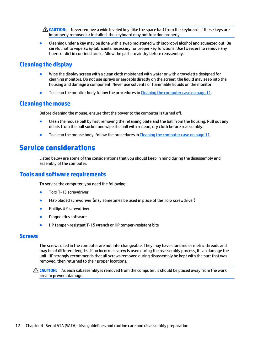 HP 402 G1 manual Service considerations, Cleaning the display, Cleaning the mouse, Tools and software requirements, Screws 