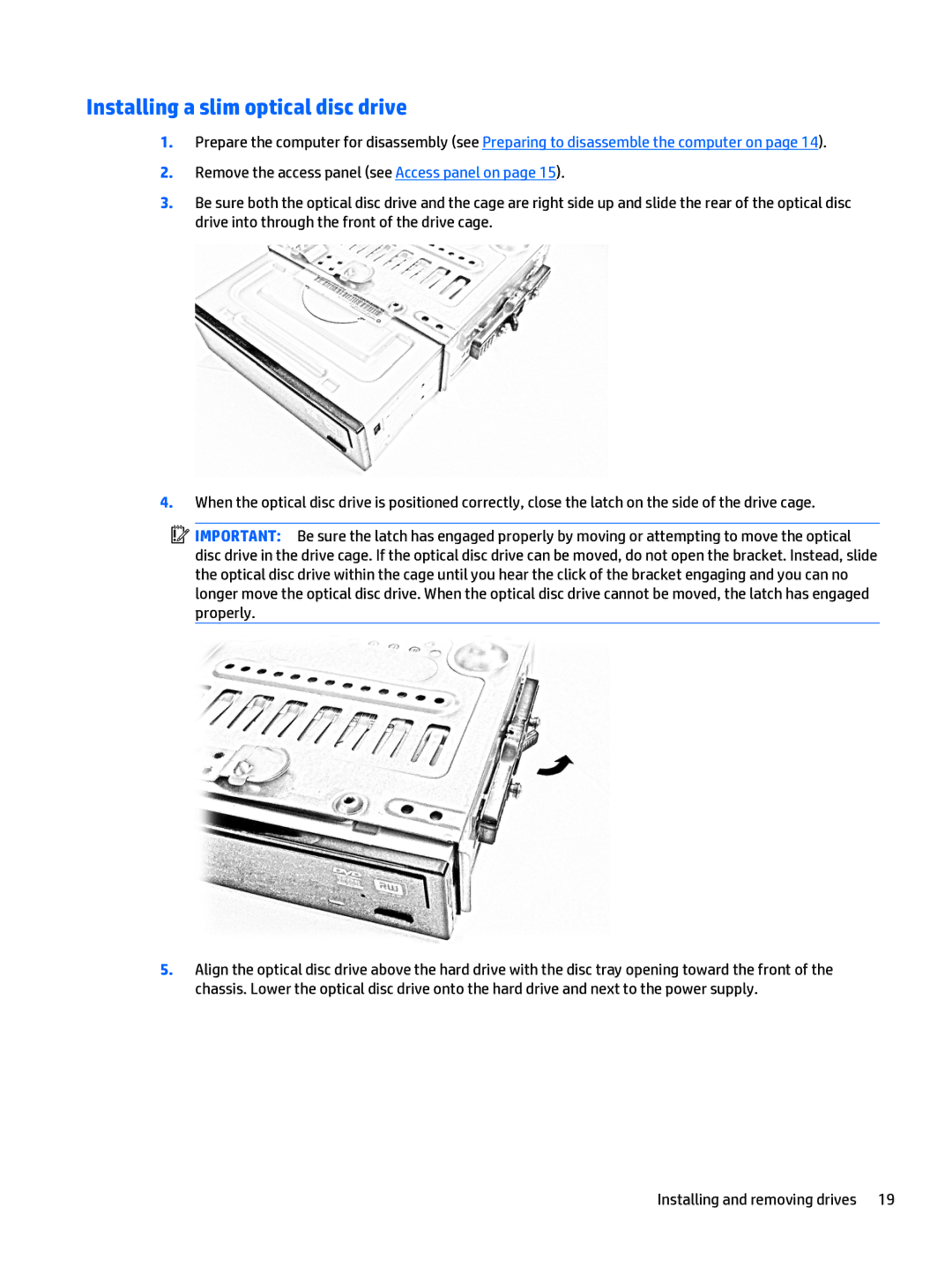 HP 402 G1 manual Installing a slim optical disc drive 