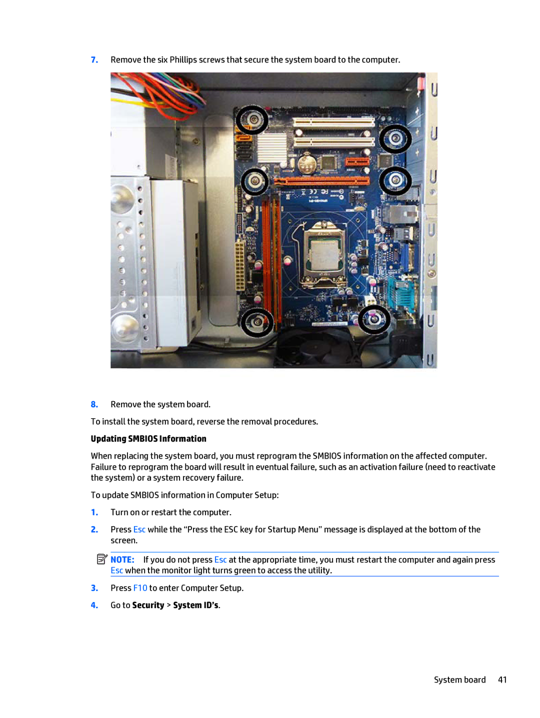 HP 402 G1 manual Updating Smbios Information, System board 