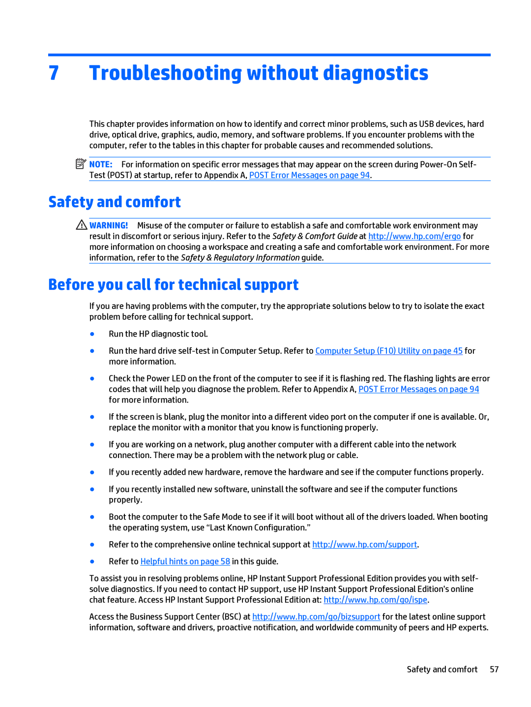 HP 402 G1 manual Troubleshooting without diagnostics, Safety and comfort Before you call for technical support 