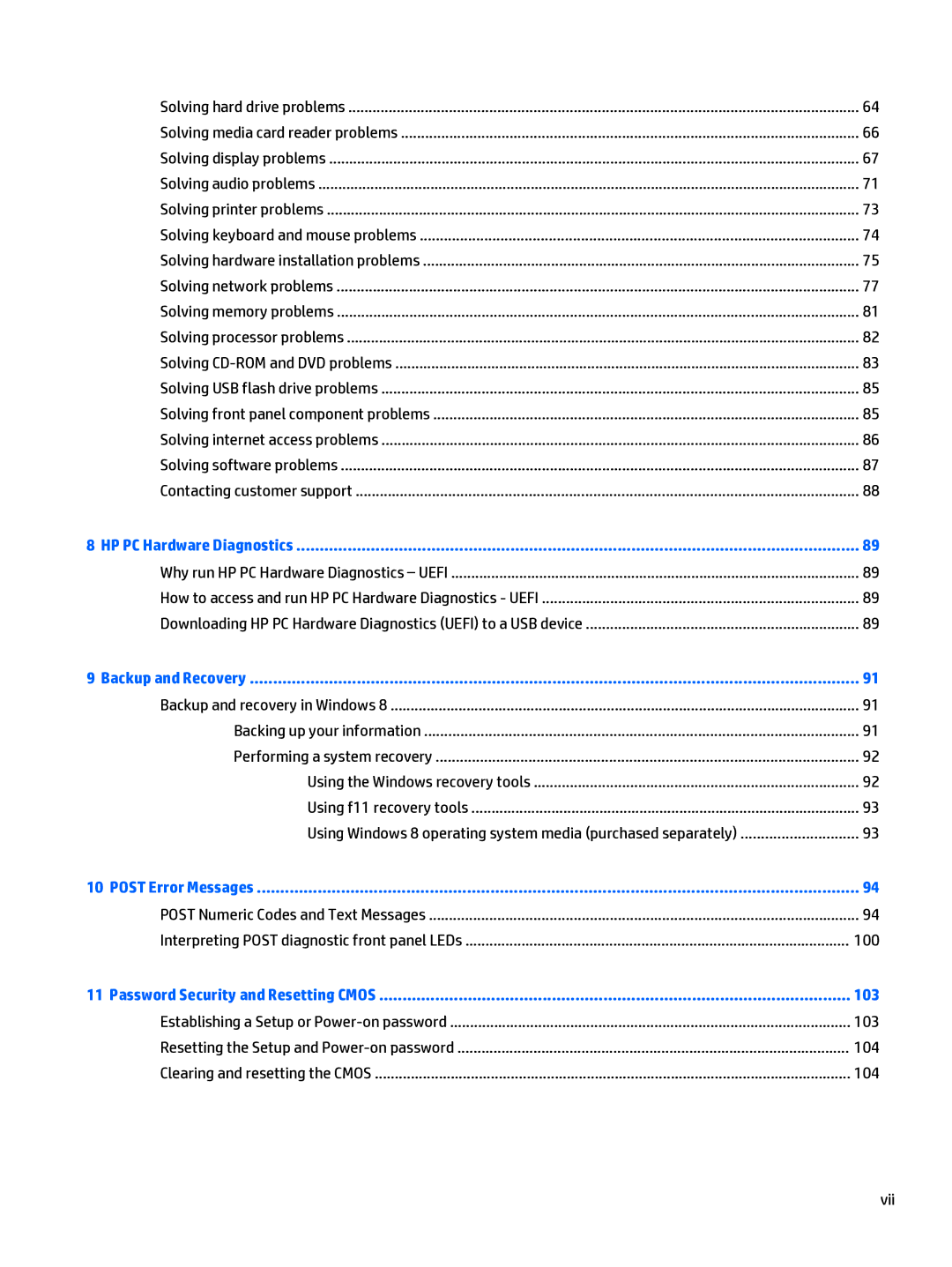 HP 402 G1 manual 100, 103, 104, Vii 