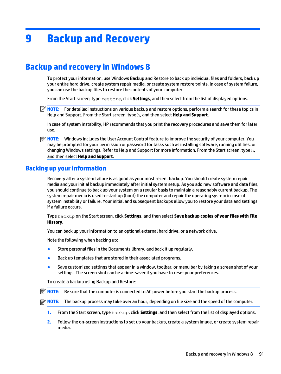 HP 402 G1 manual Backup and Recovery, Backup and recovery in Windows, Backing up your information 