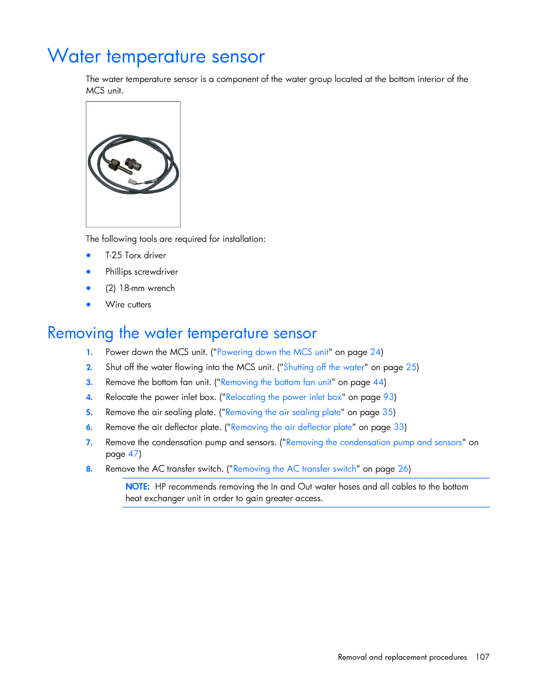 HP 403349-003 manual Water temperature sensor, Removing the water temperature sensor 