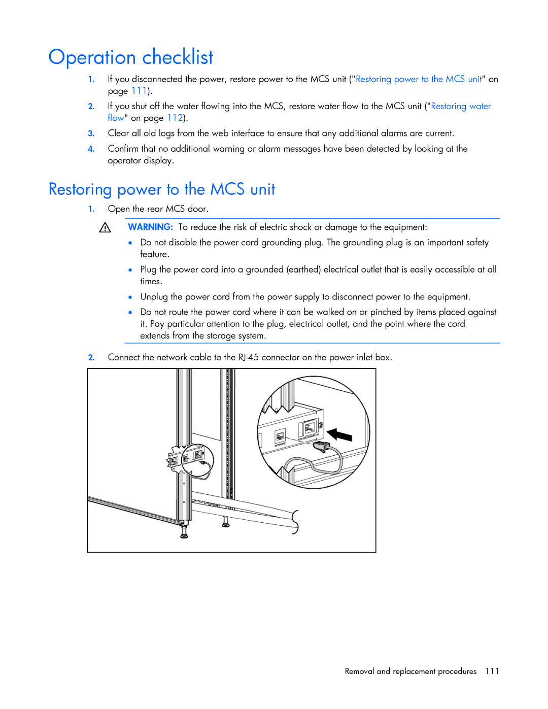 HP 403349-003 manual Operation checklist, Restoring power to the MCS unit 