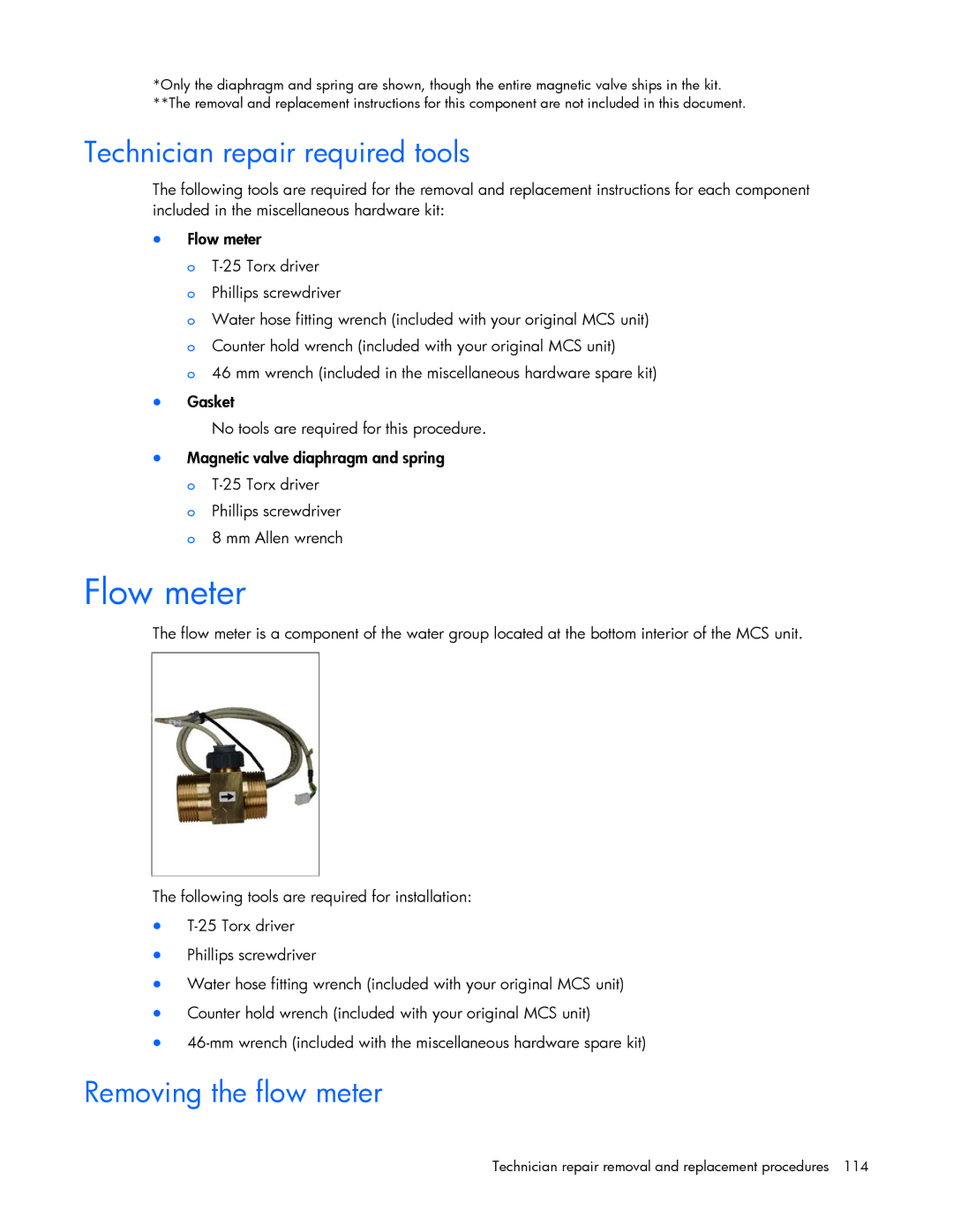 HP 403349-003 manual Flow meter, Technician repair required tools, Removing the flow meter 