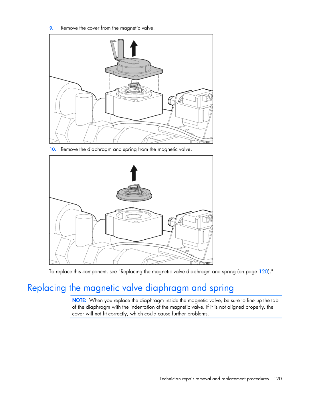 HP 403349-003 manual Replacing the magnetic valve diaphragm and spring 