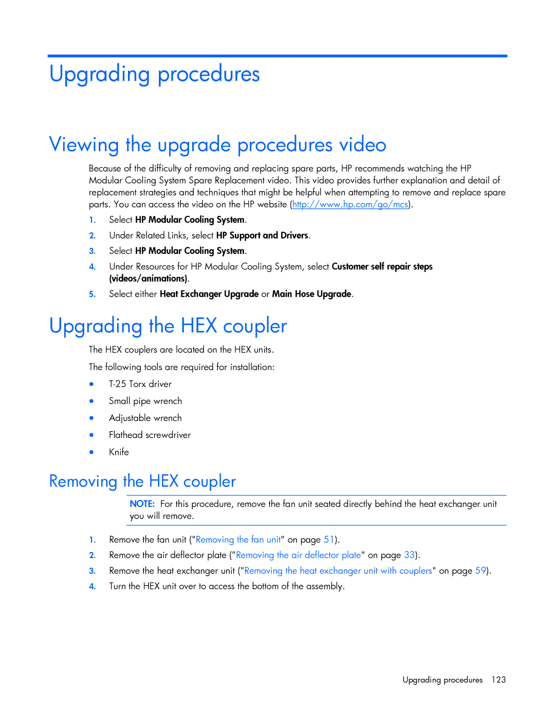 HP 403349-003 manual Upgrading procedures, Viewing the upgrade procedures video, Upgrading the HEX coupler 