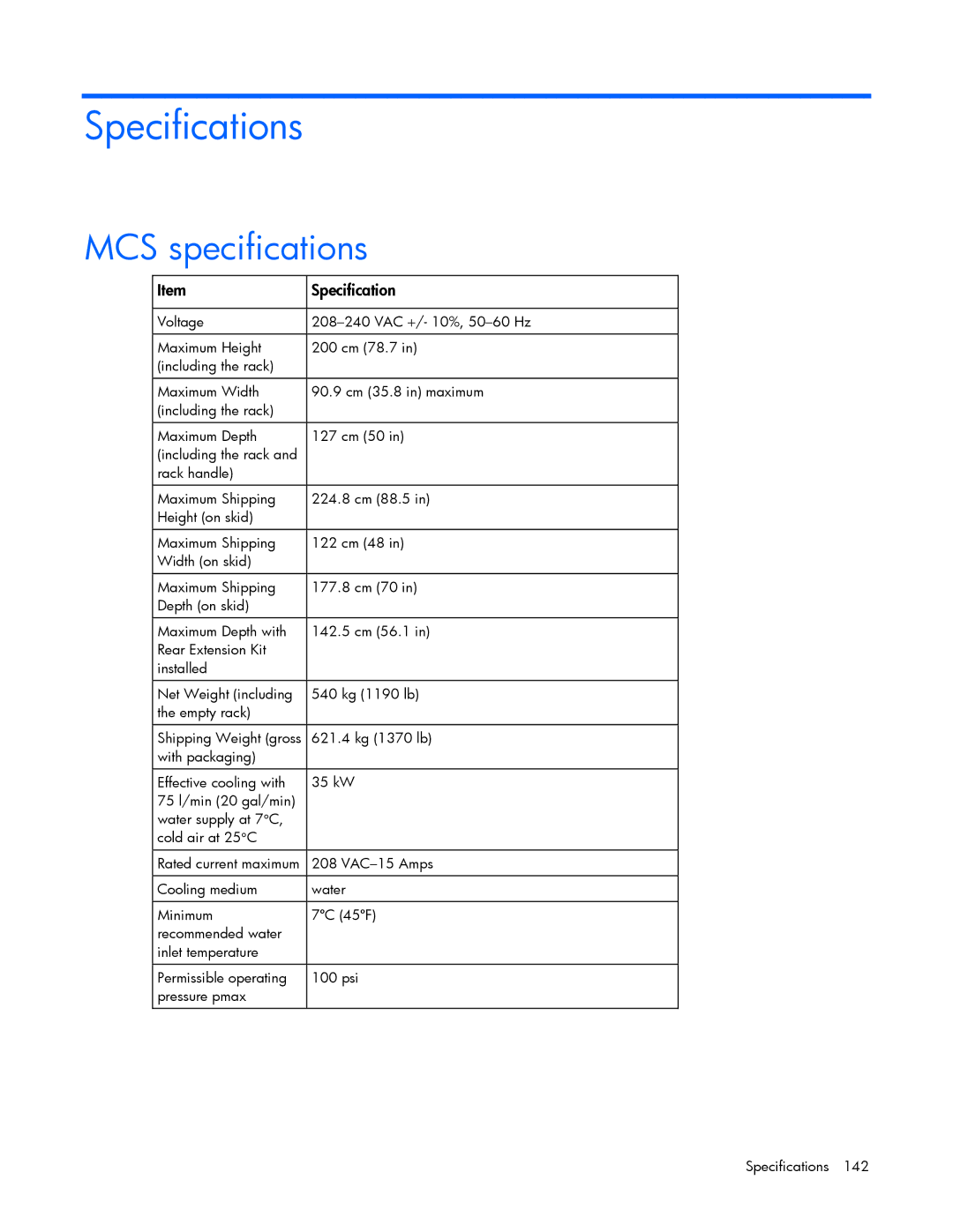 HP 403349-003 manual Specifications, MCS specifications 