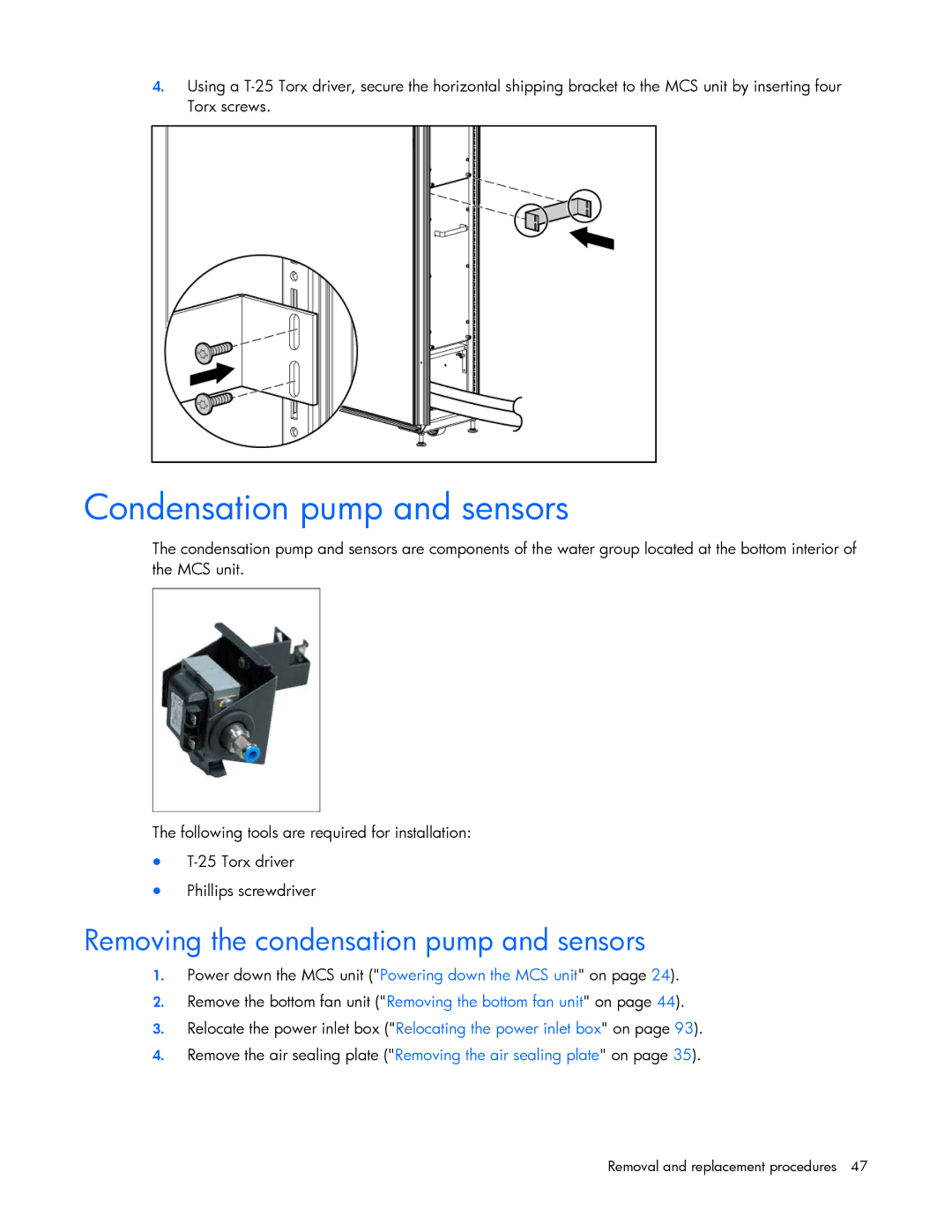 HP 403349-003 manual Condensation pump and sensors, Removing the condensation pump and sensors 