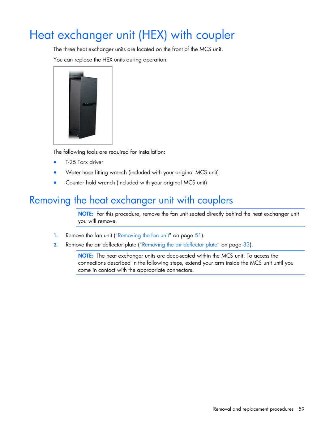 HP 403349-003 manual Heat exchanger unit HEX with coupler, Removing the heat exchanger unit with couplers 