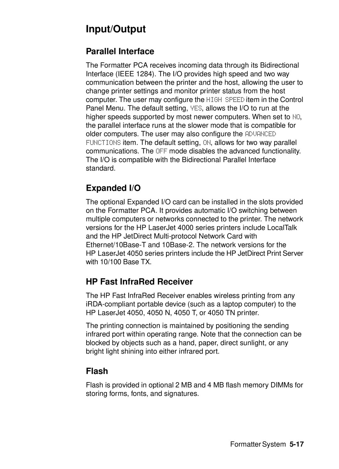 HP 4000, 4050 manual Input/Output, Parallel Interface, Expanded I/O, HP Fast InfraRed Receiver, Flash 