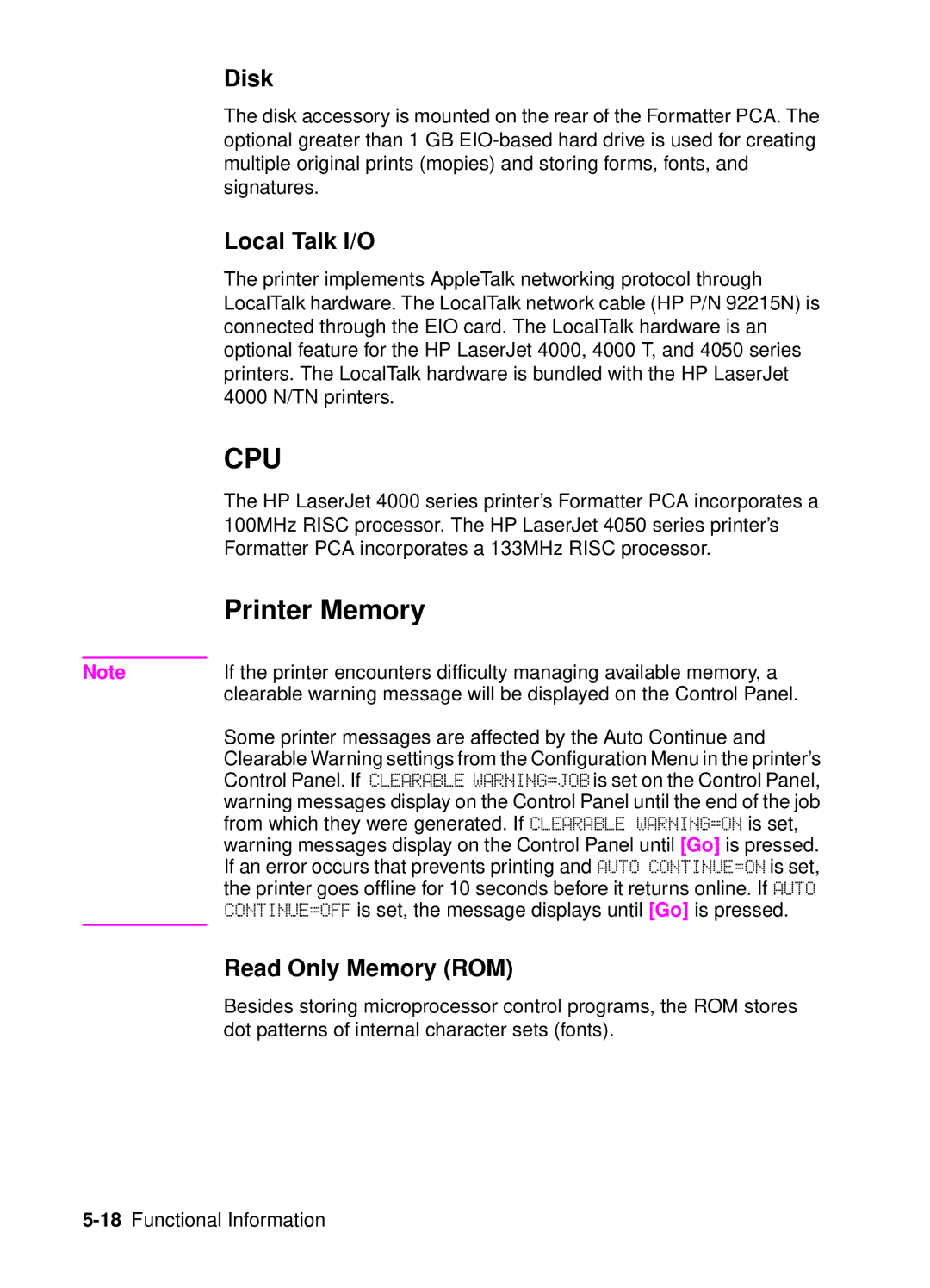 HP 4050, 4000 manual Printer Memory, Disk, Local Talk I/O, Read Only Memory ROM 