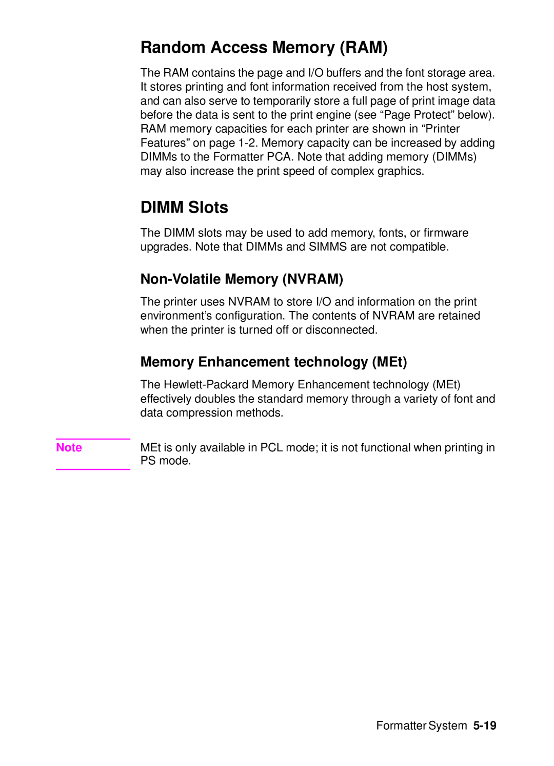 HP 4000, 4050 manual Random Access Memory RAM, Dimm Slots, Non-Volatile Memory Nvram, Memory Enhancement technology MEt 