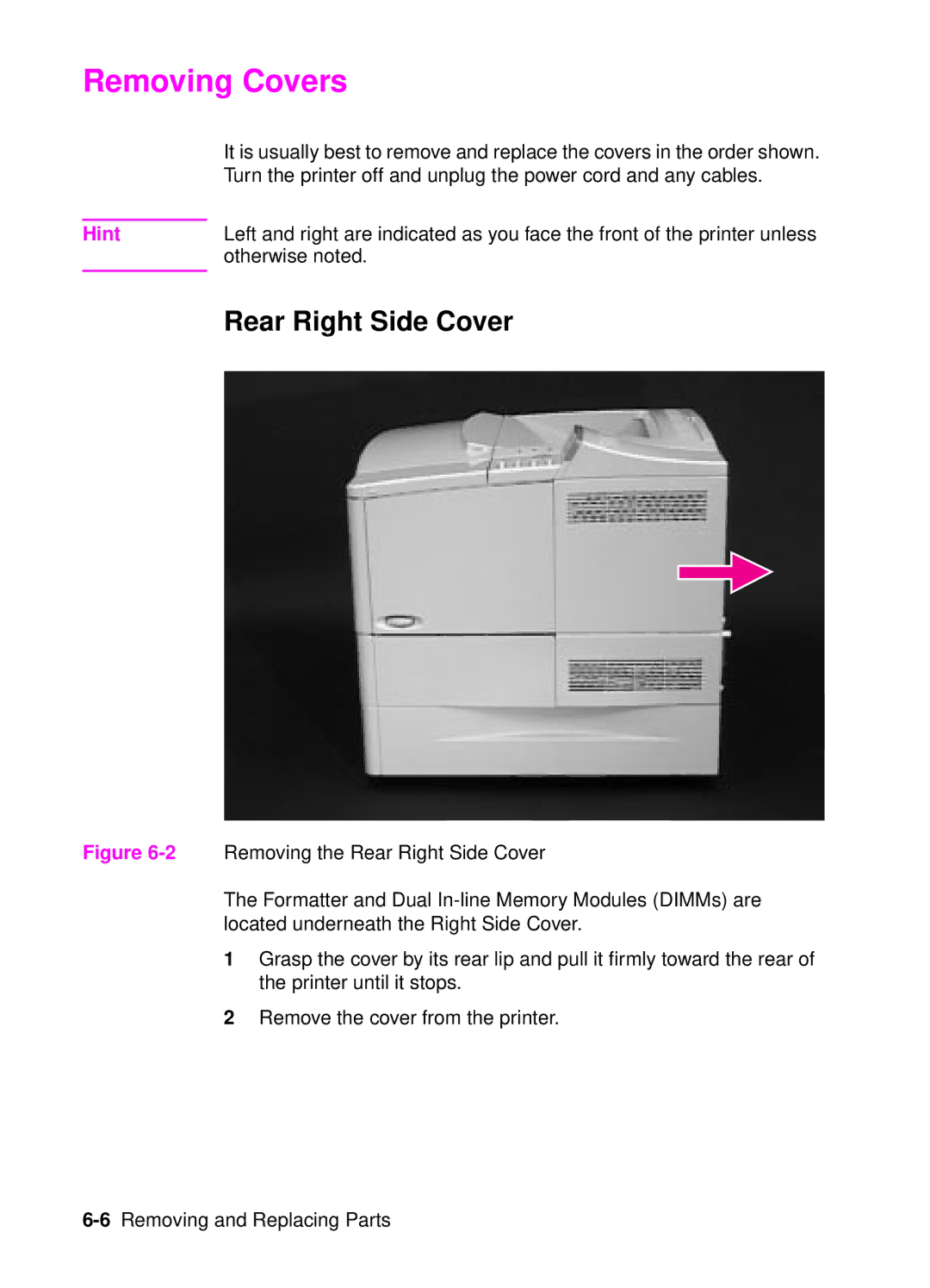 HP 4050, 4000 manual Removing Covers, Rear Right Side Cover 